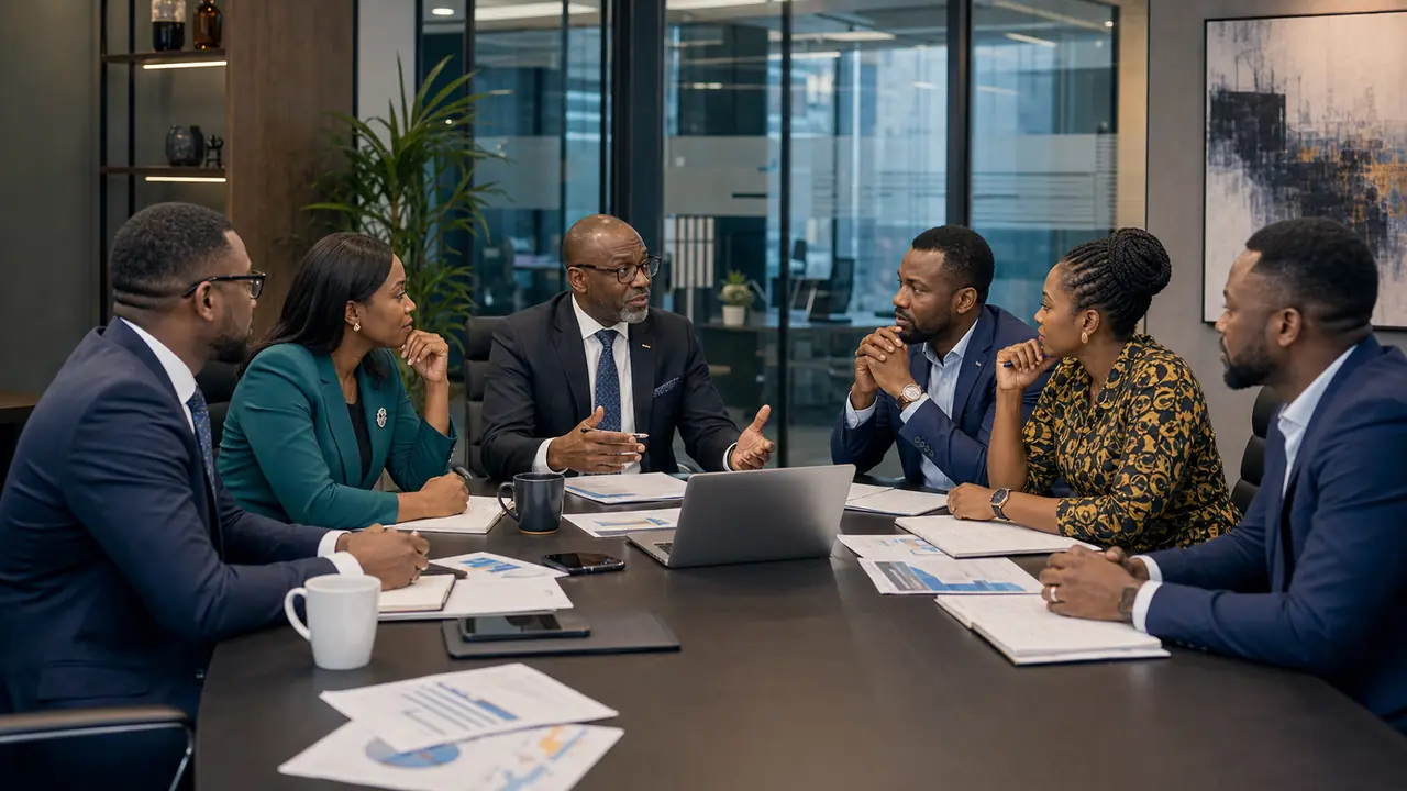 African business analysts reviewing strategy and process improvement documents